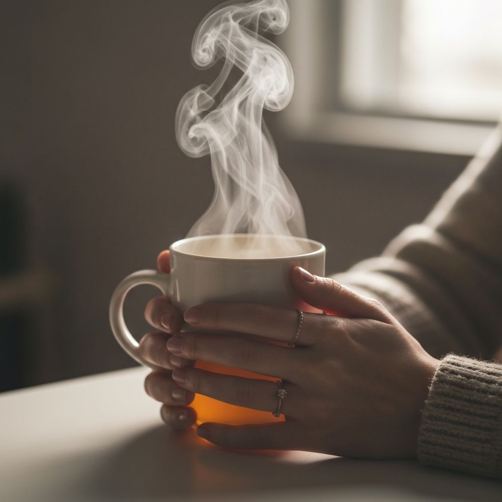 Steaming herbal tea held in calm hands